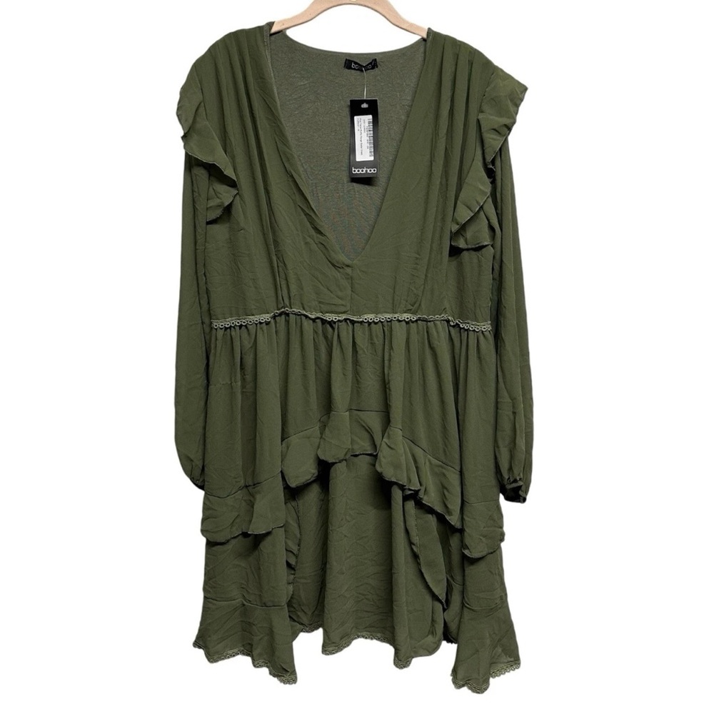 Boohoo Women’s Tiered Ruffle Plunge Skater Dress Sz 12 NWT